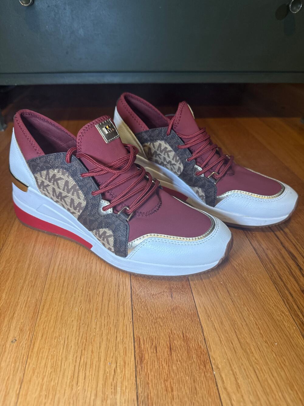 NEW Michael Kors Liv Trainer MK Signature Brandy Multi Wedge Sneakers Sz 9 M